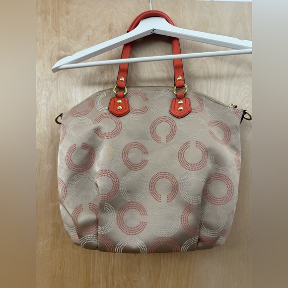 Coach Ashley Peach Khaki Dotted Op Art Signature Satchel. - Picture 7 of 16